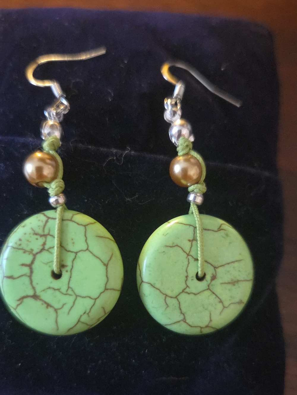 Green Howlite Stone Drop Earrings with Gold Pearl Accent